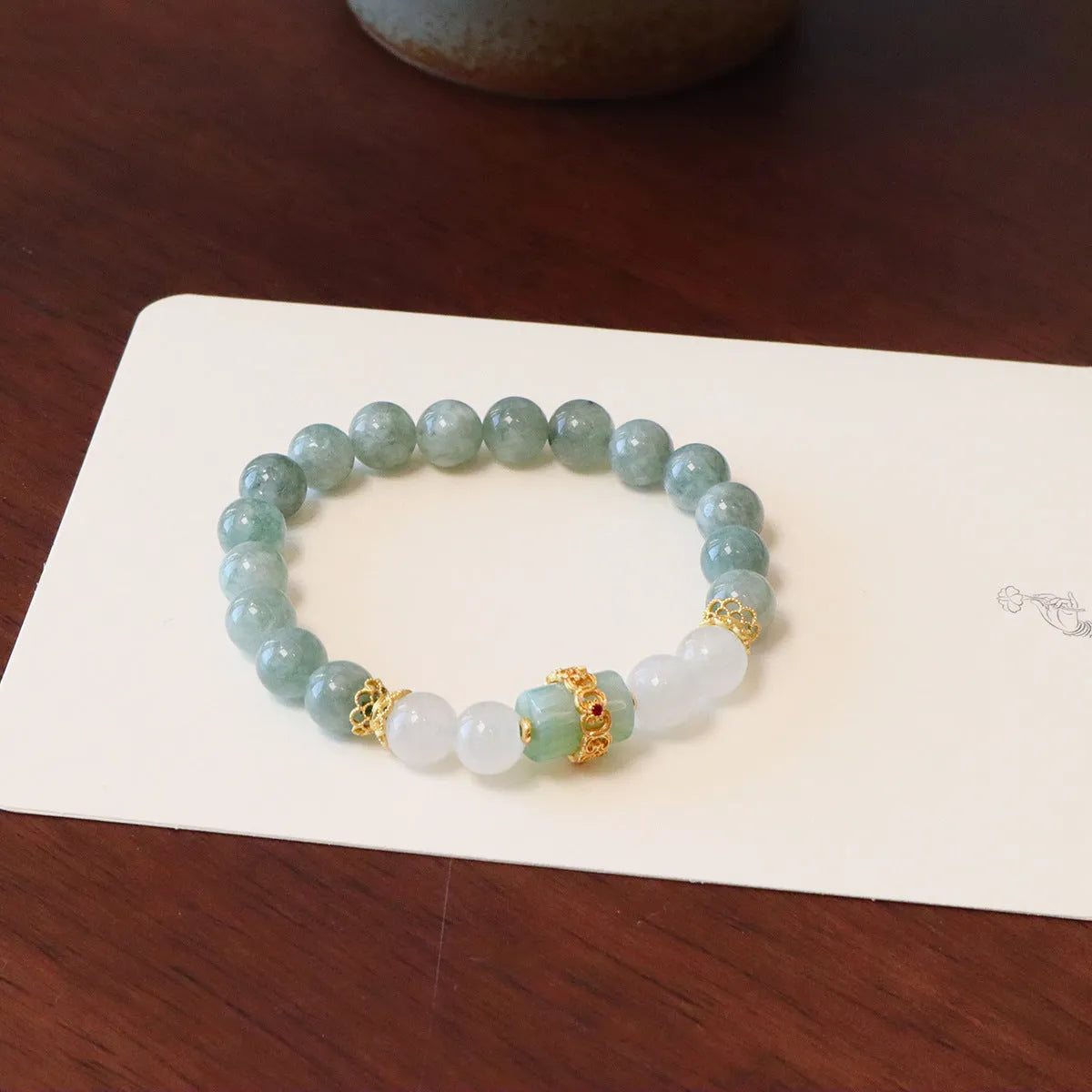 Women's safety buckle bracelet with Myanmar jade components and geometric lucky bead design