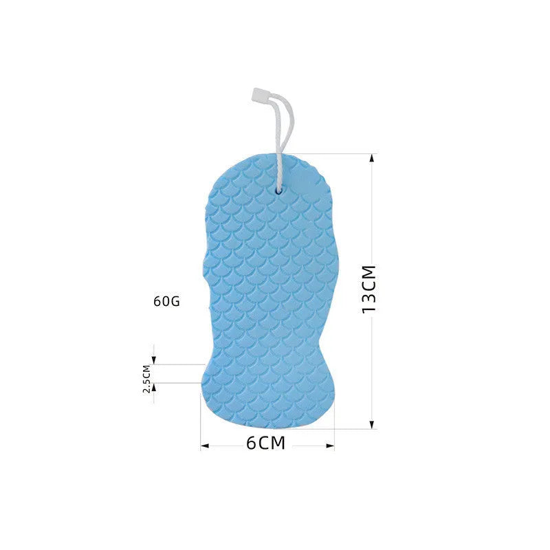 3D fish scale pattern bath sponge ball in assorted colours on a bathroom background.