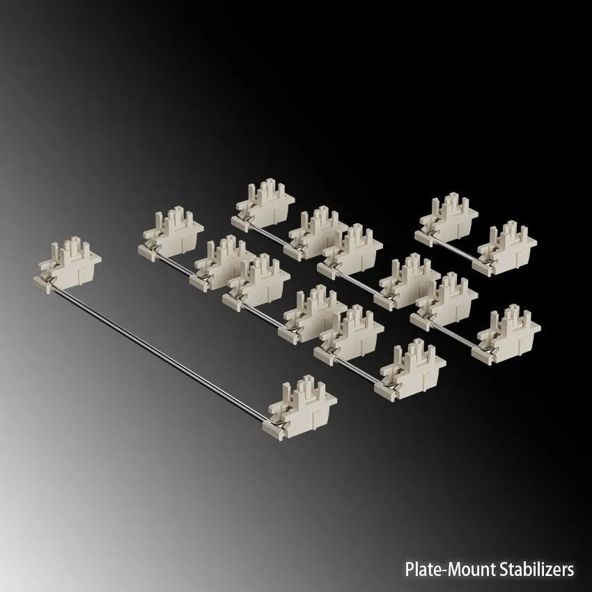 Keyboard stabiliser accessories set showing Black and Milky White components for 6.25U and 7U spacebar mechanical keyboards
