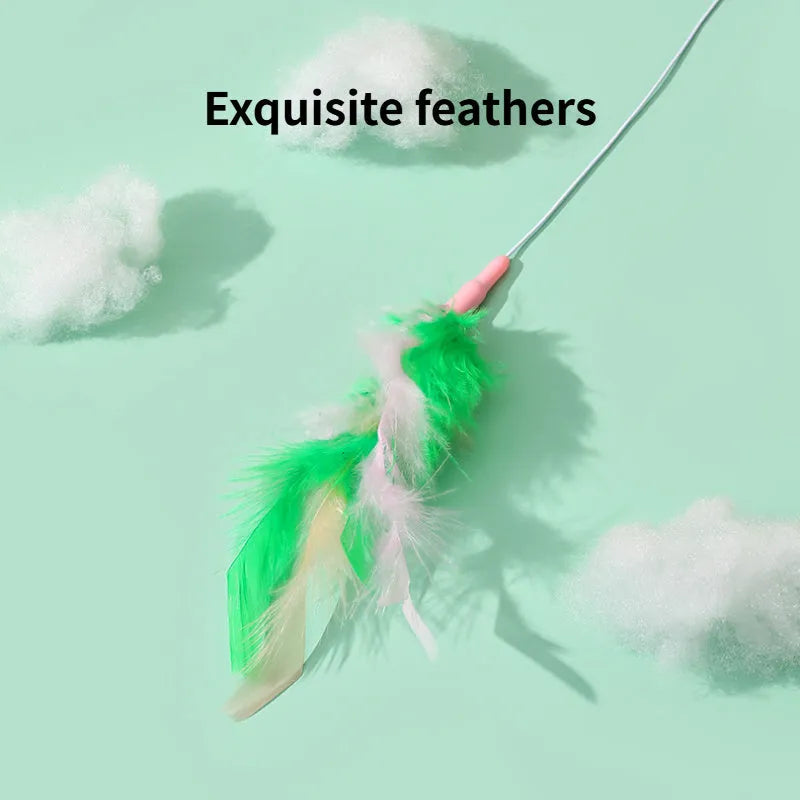 Green interactive cat feather wand toy with bells and durable construction for playful stimulation