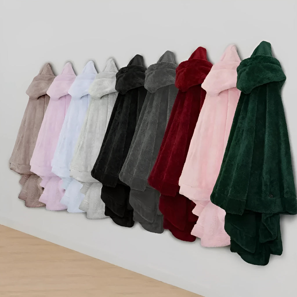Thick cloak-style hooded bathrobe in black, dark grey, or pink, with long sleeves