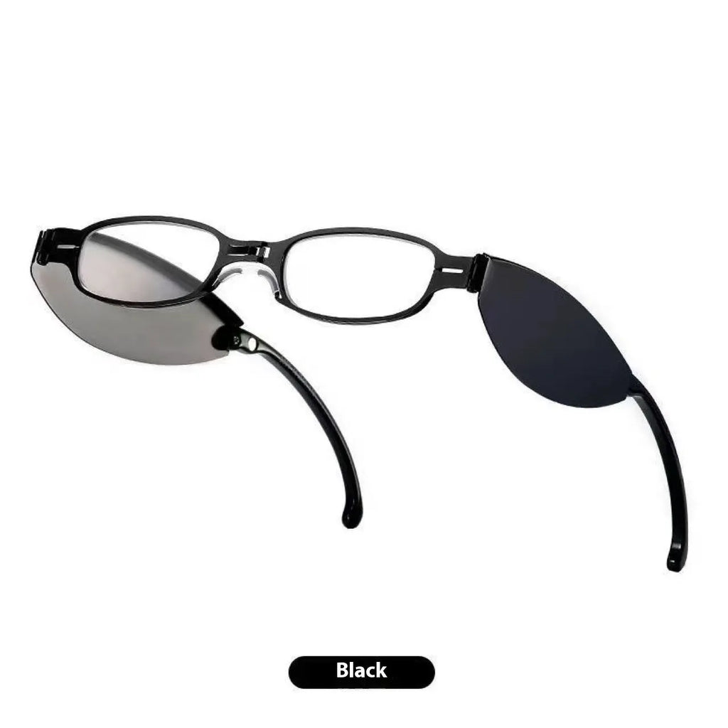 Folding reading glasses with retro metal frame in black and silver colours, showing compact folded size