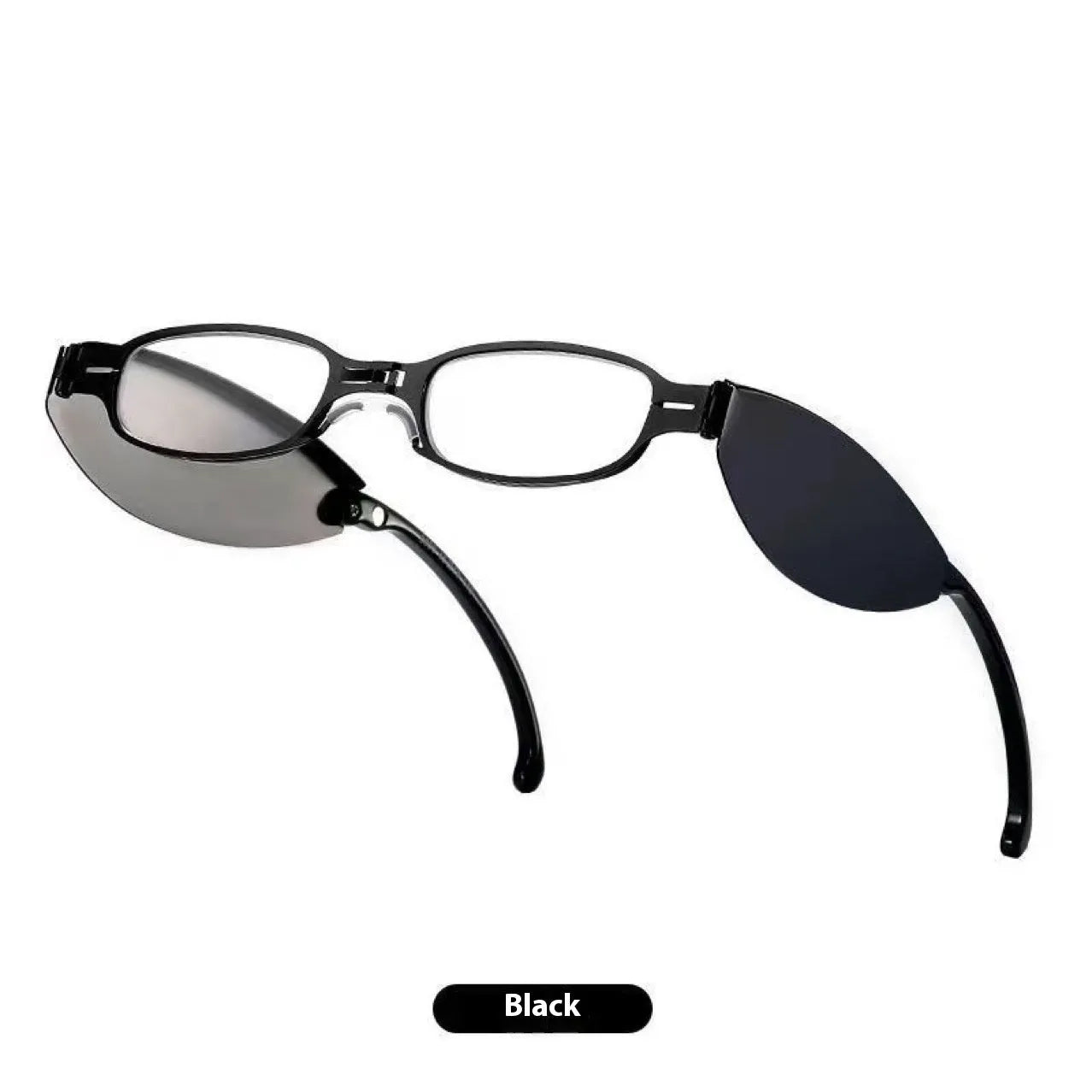 Folding reading glasses with retro metal frame in black and silver colours, showing compact folded size