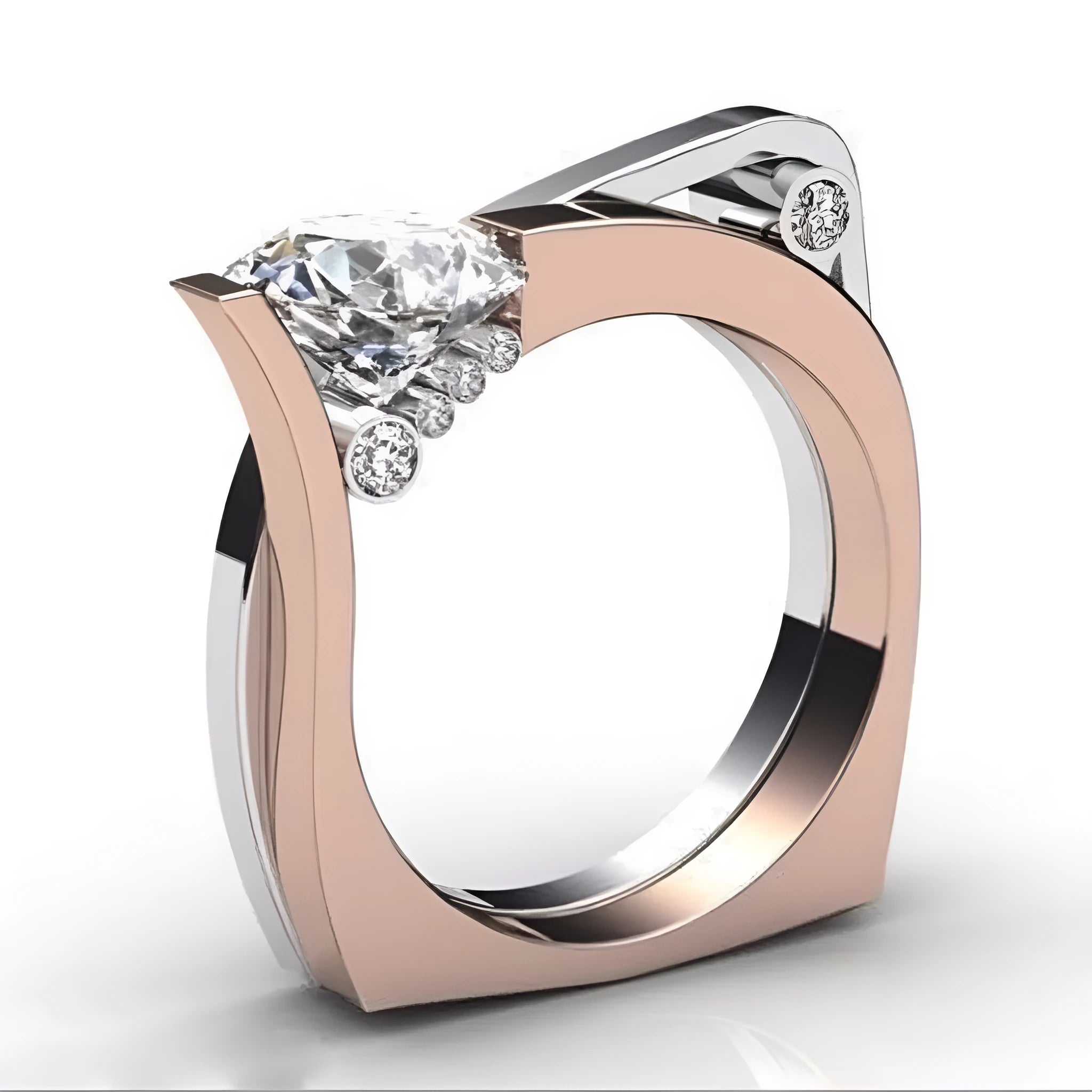 Rose gold colour geometric couple ring with zircon inlay showing angular design pattern