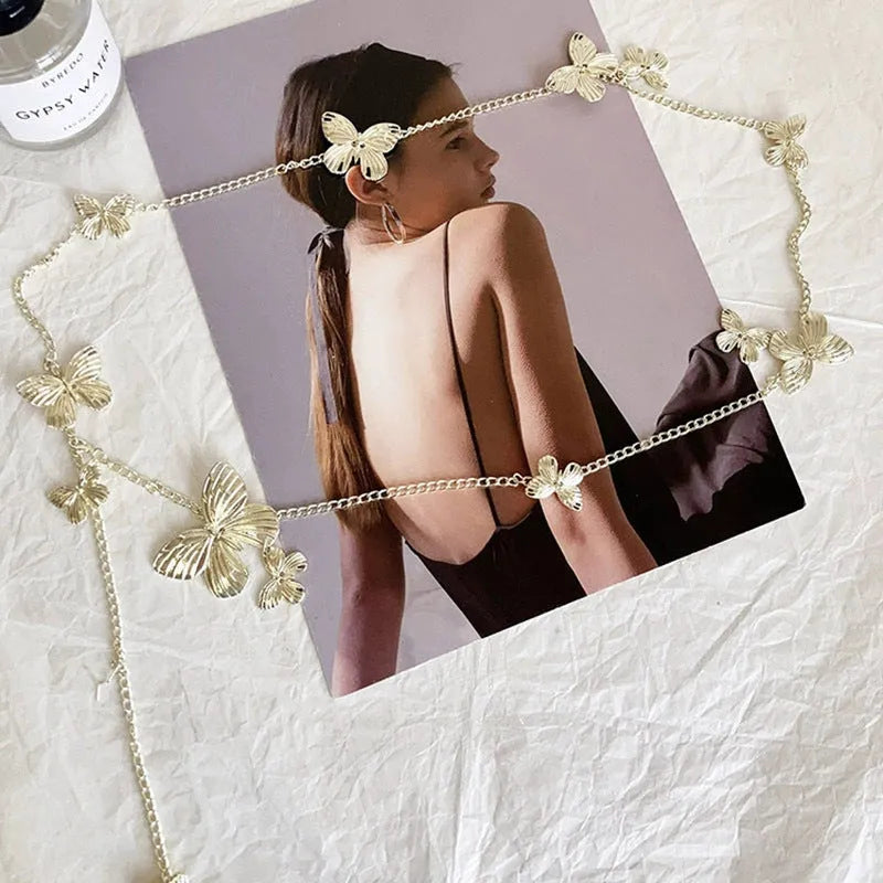 Golden butterfly waist chain alloy accessory 104cm length silver or gold colour retro design