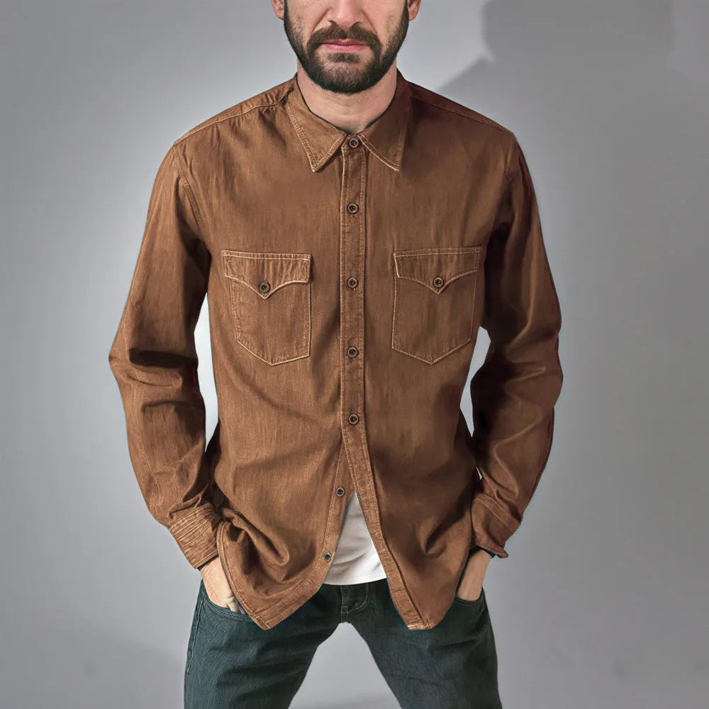 Cotton denim cardigan coat on a hanger, shown in khaki, black, blue, and grey colour options.