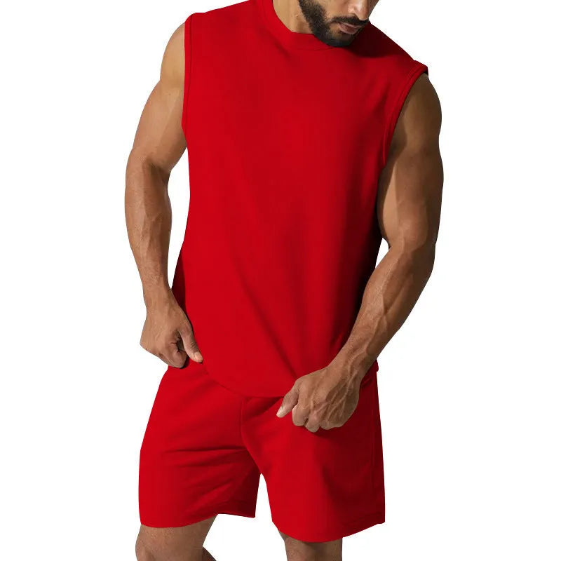 Men's sleeveless top and shorts sports set in cotton blend fabric shown in army green colour.