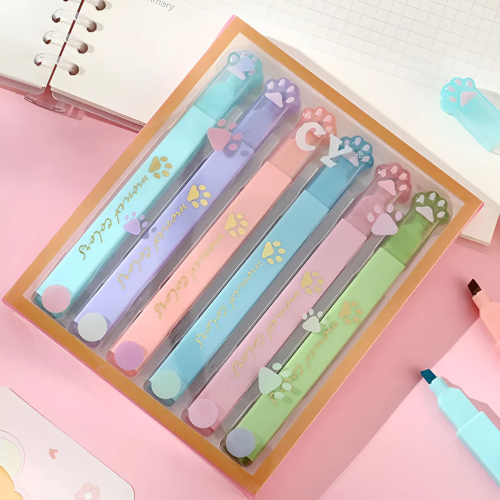 Box of six Cat's Paw fluorescent marking pens with oblique nibs in assorted colours.