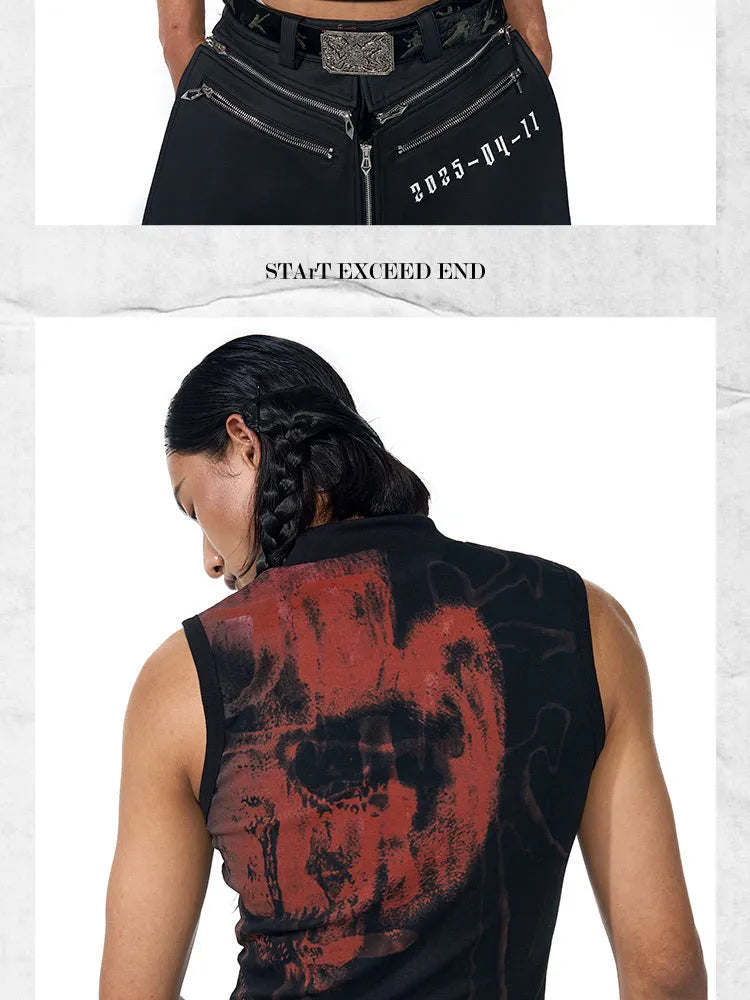 Men's half turtleneck sleeveless t-shirt slim fit printed cotton top