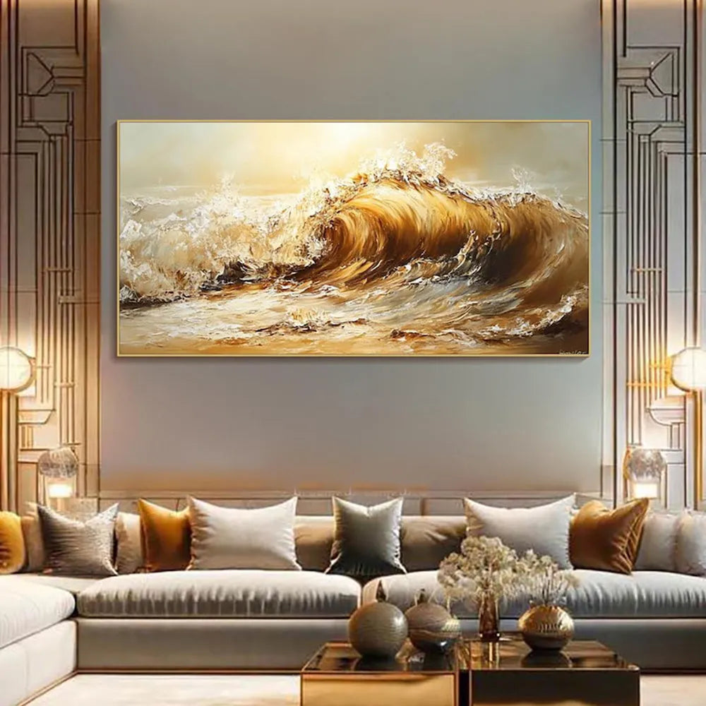 Handmade oil painting canvas abstract yellow waves landscape modern home decor framed