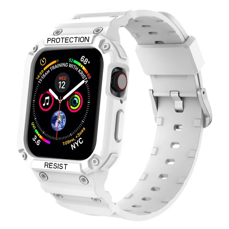 Soft TPU Apple Watch sport strap in multiple colours on a white background, showing 38mm and 42mm size options.