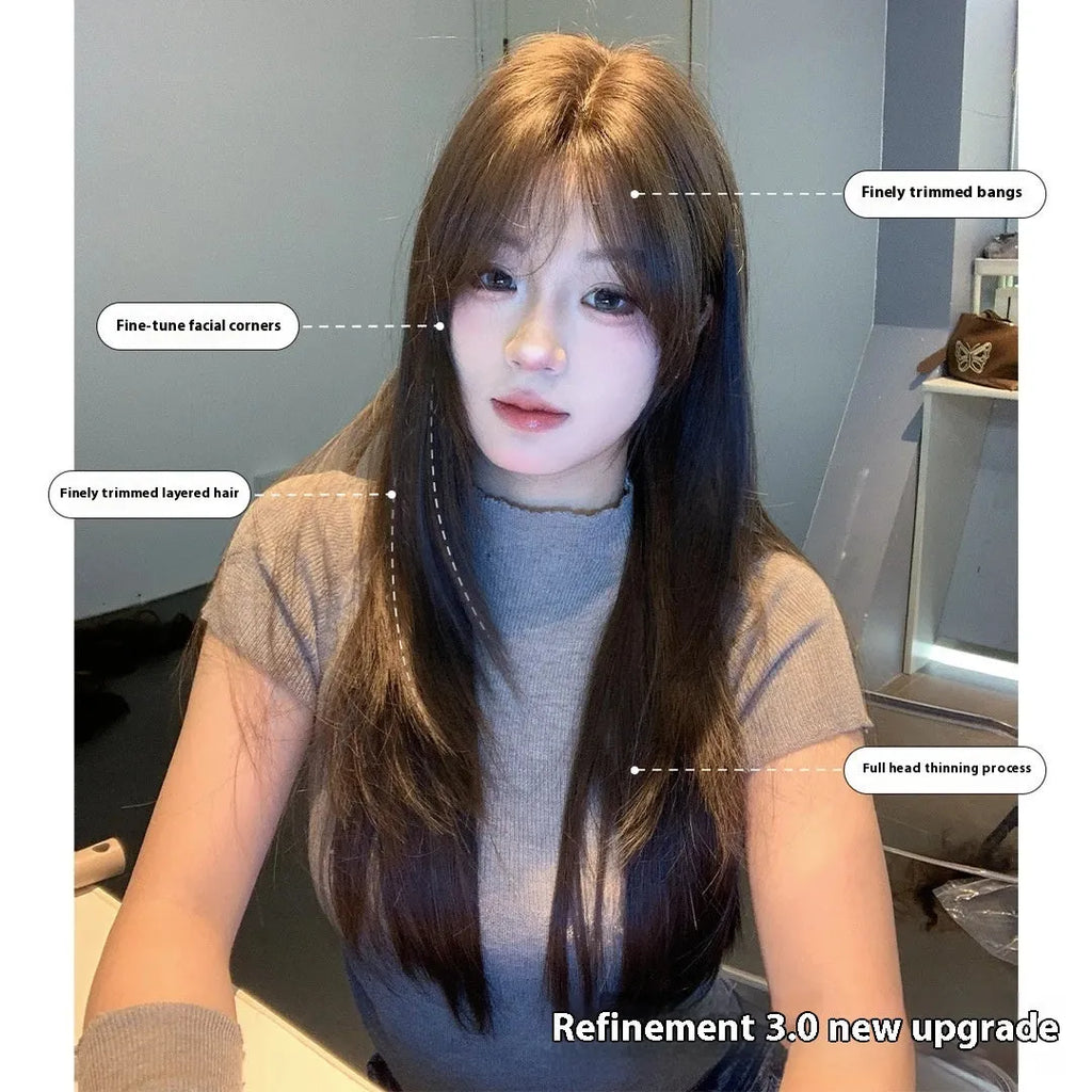 Women's cold brown layered long straight full-head wig with lace-style hair net