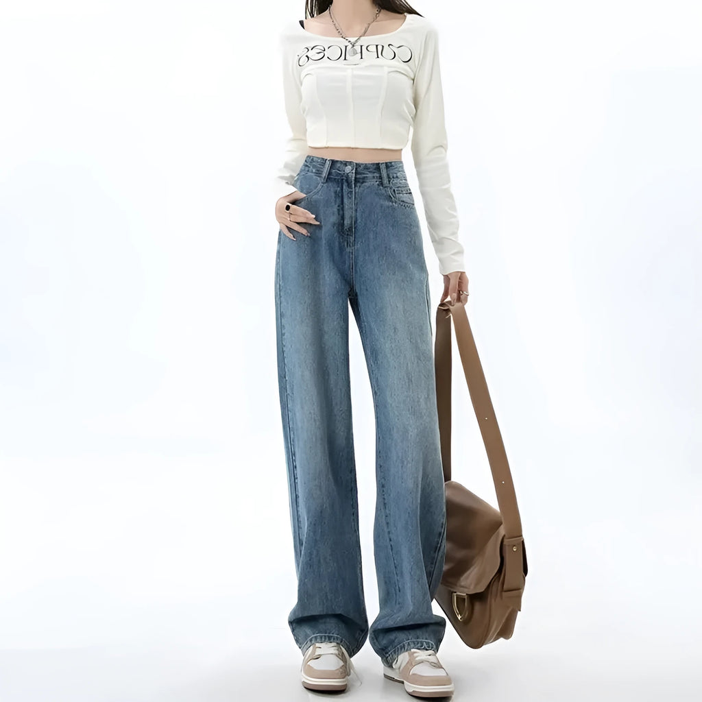 Women's retro blue high-waist wide-leg jeans with straight cut on a model