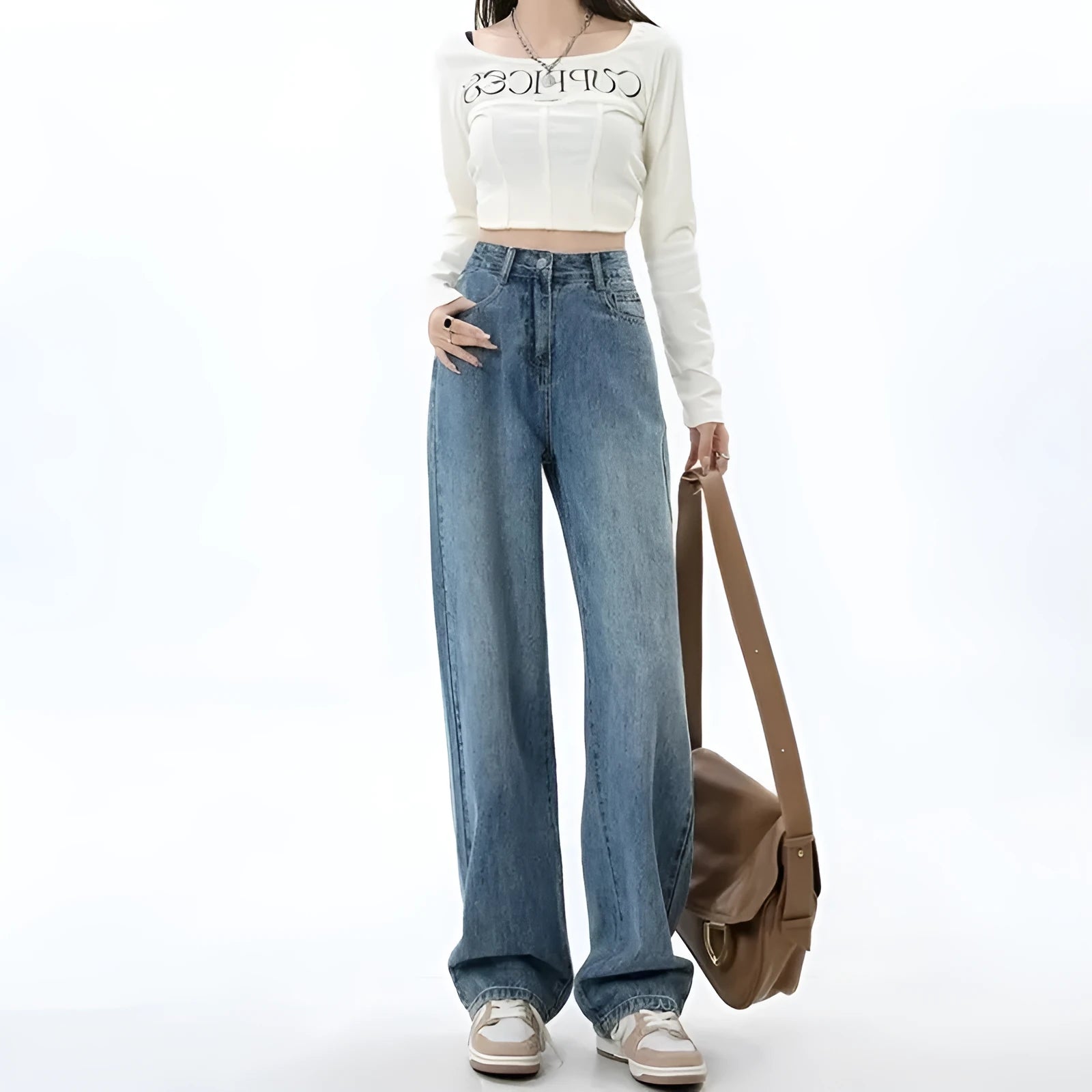 Women's retro blue high-waist wide-leg jeans with straight cut on a model