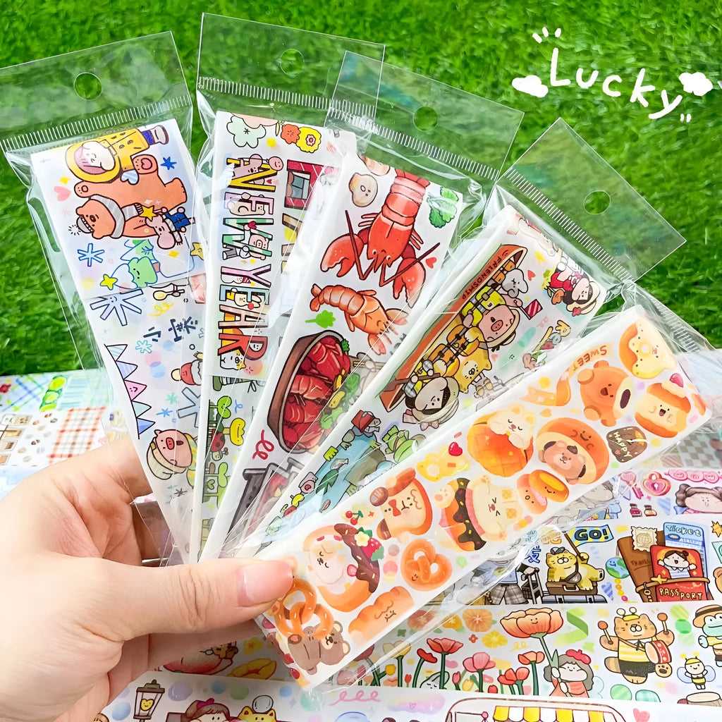 Sheet of cute cartoon character stickers on Japanese paper for haemorrhoid tape packaging.