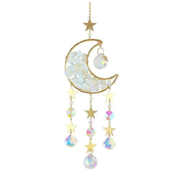 K9 crystal moon car pendant on a 420mm cord in blue, green, pink, purple, or white