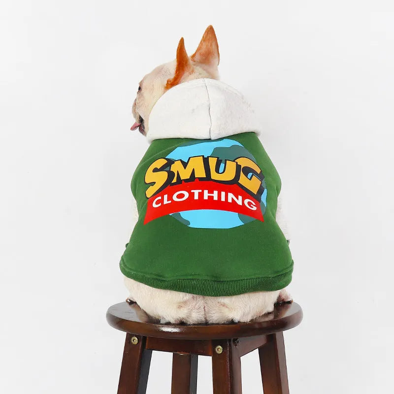 A green cotton dog jumper for autumn and winter wear, shown in size L to 4XL.
