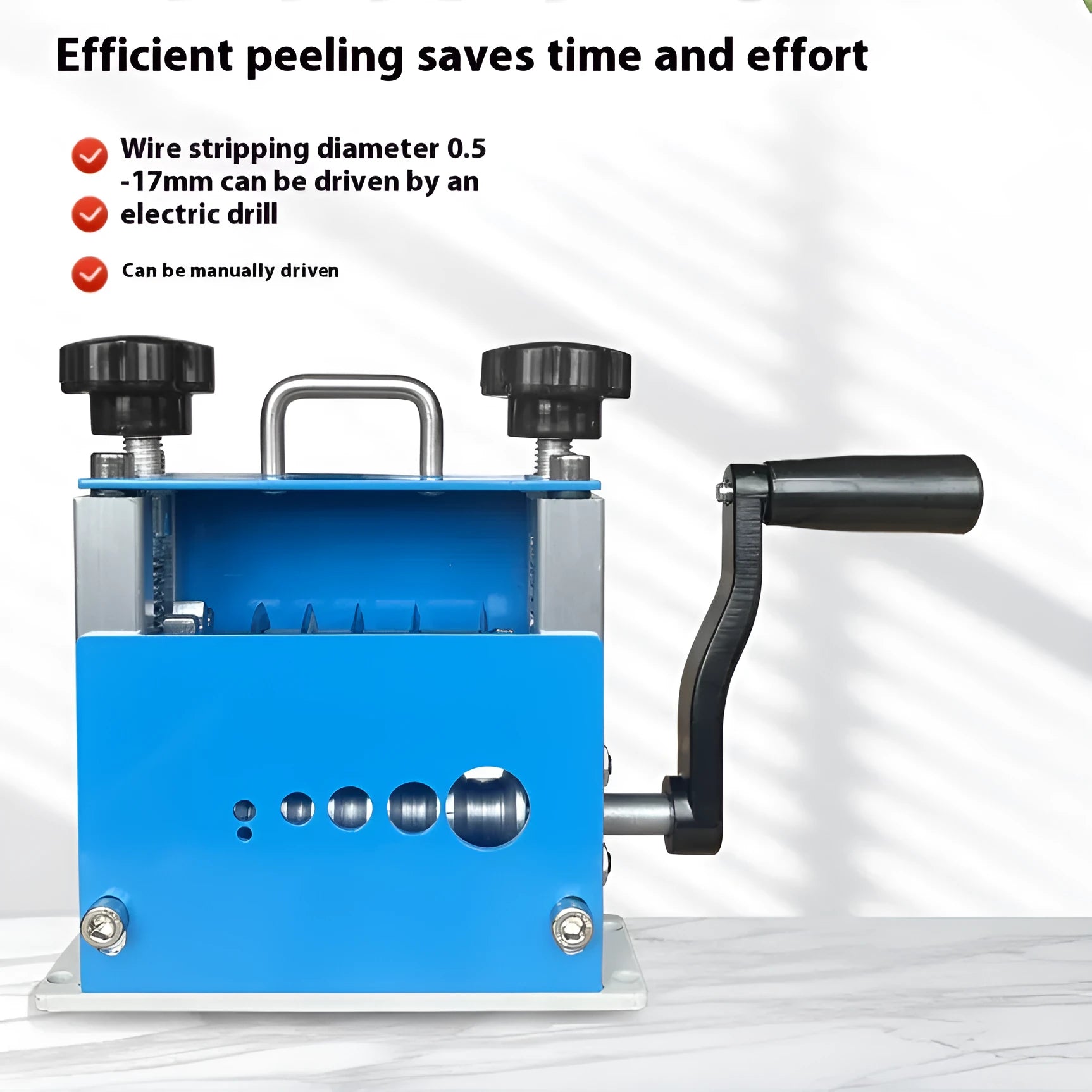 Manual wire stripping machine model SD-017 on a work surface.