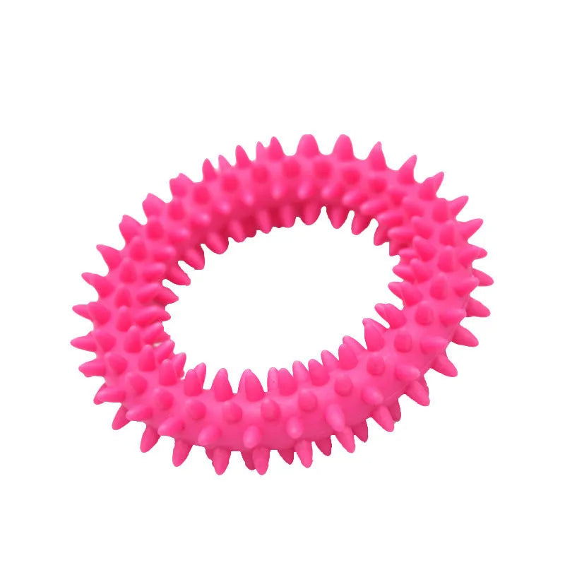 TPR spiky circle ring dog chew toy in various colours showing textured dental cleaning nubs