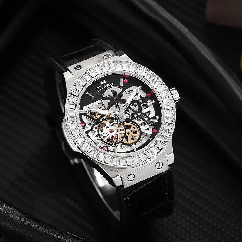 Automatic mechanical men's watch with hollow movement design and diamond studding on white shell