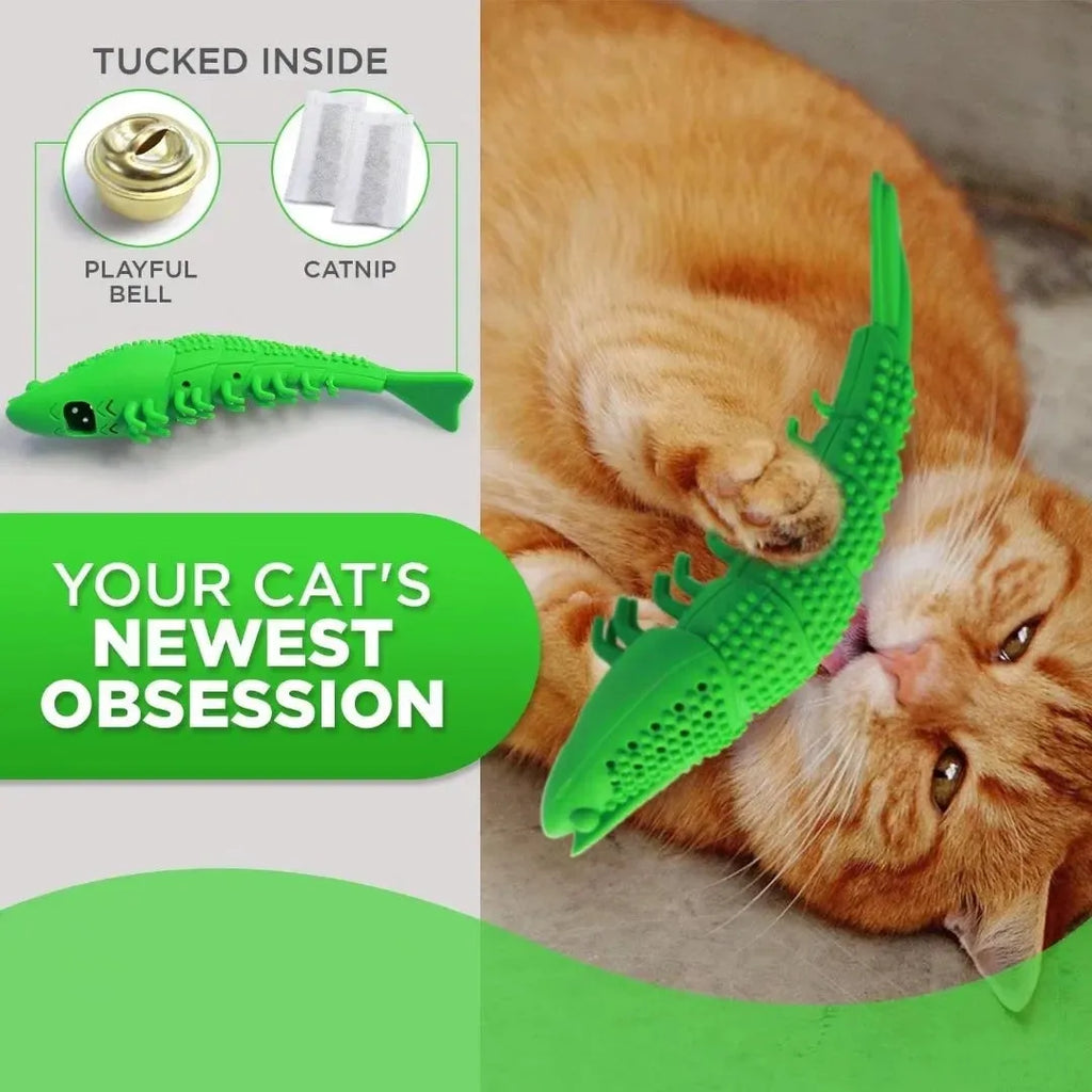 Blue hard rubber cat toy with 360-degree textured surface for teeth cleaning