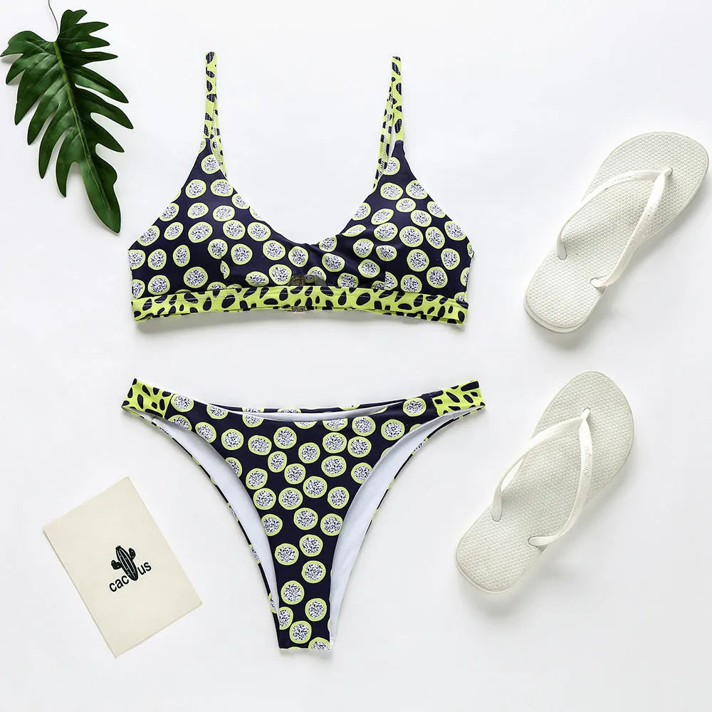 Women's black and white dot bikini and red and white stripe bikini set for swimming.