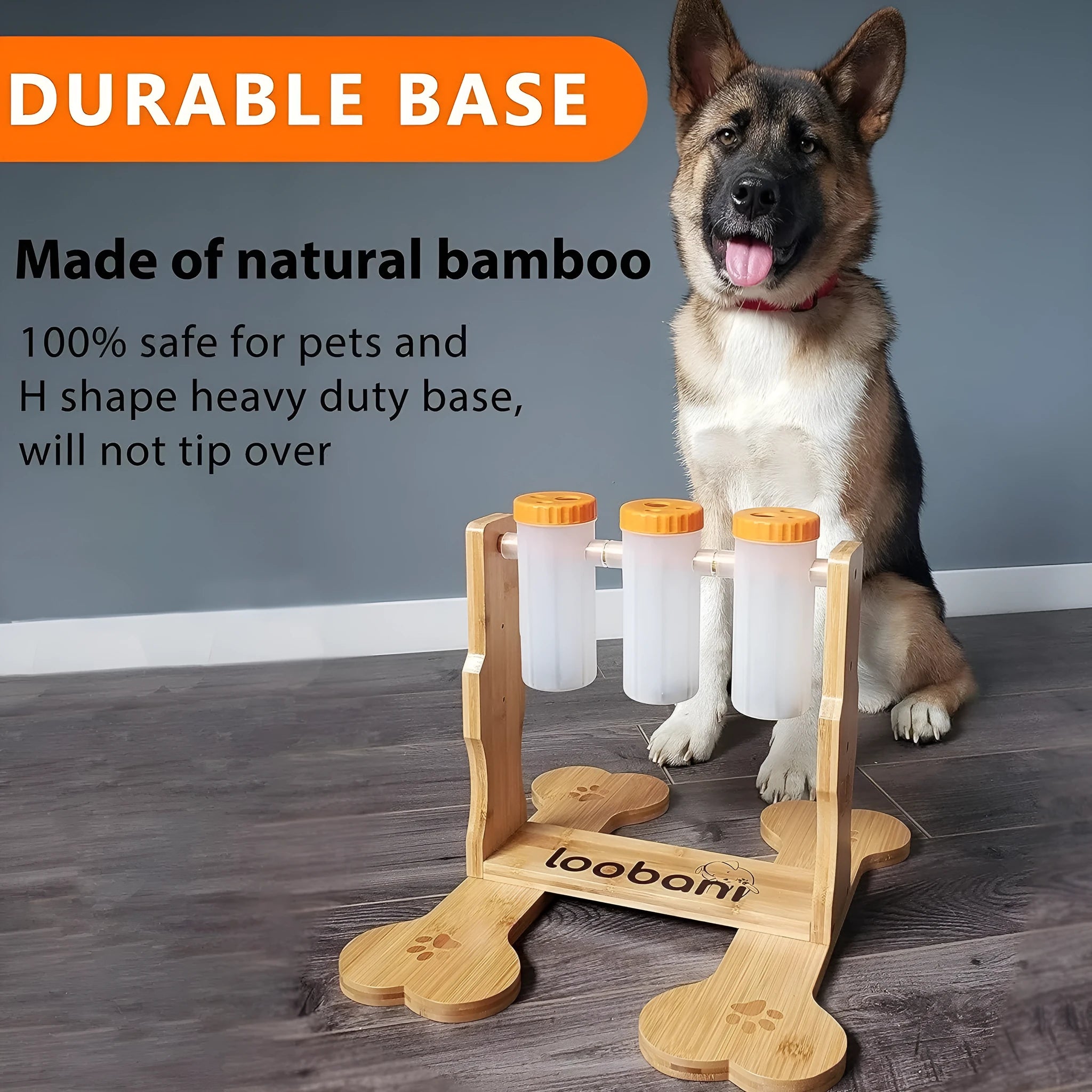 Natural wood colour dog puzzle feeder toy measuring 31cm long by 30cm wide by 20cm high