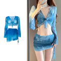 Women's blue four-piece bikini swimsuit set with high-waisted briefs and backless design