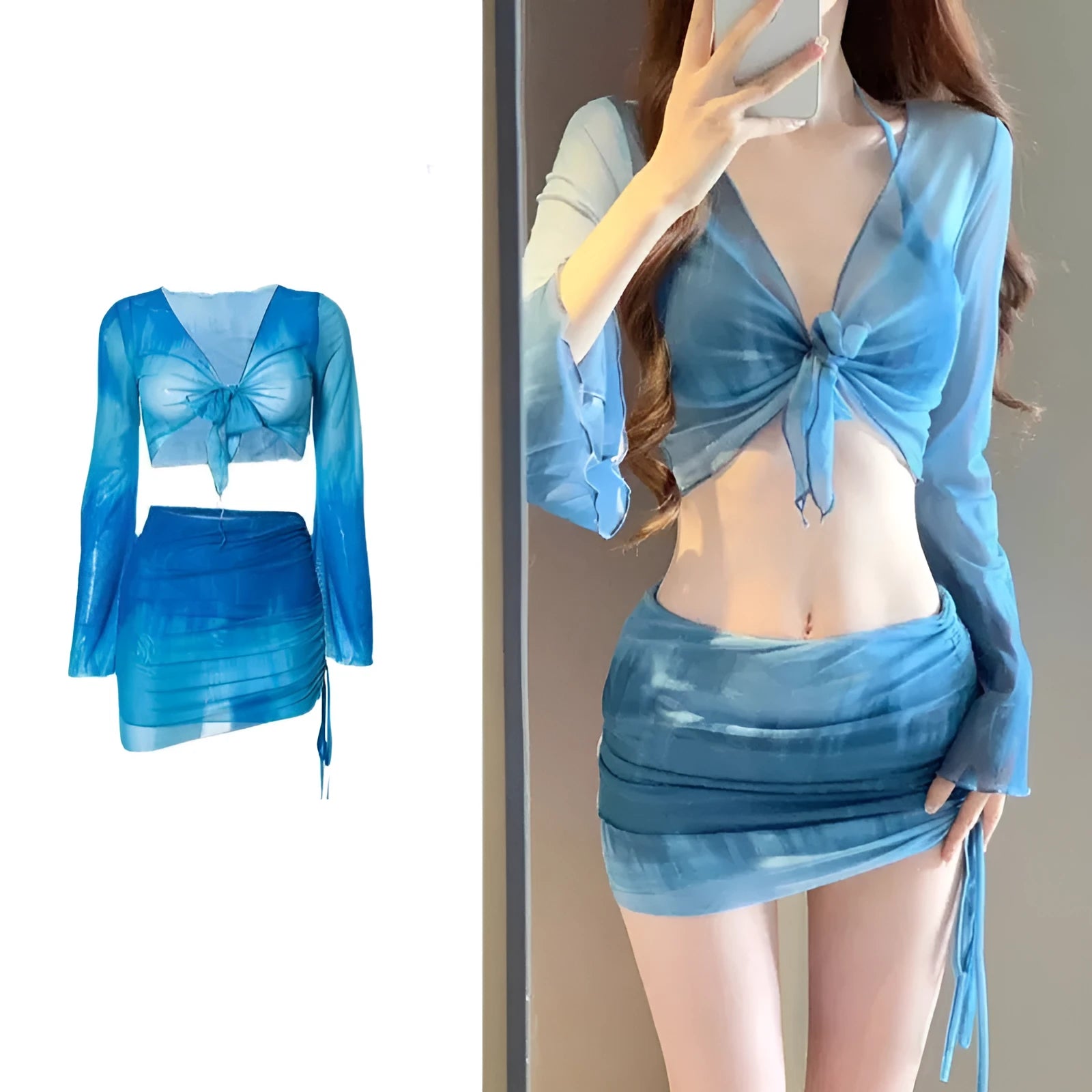 Women's blue four-piece bikini swimsuit set with high-waisted briefs and backless design
