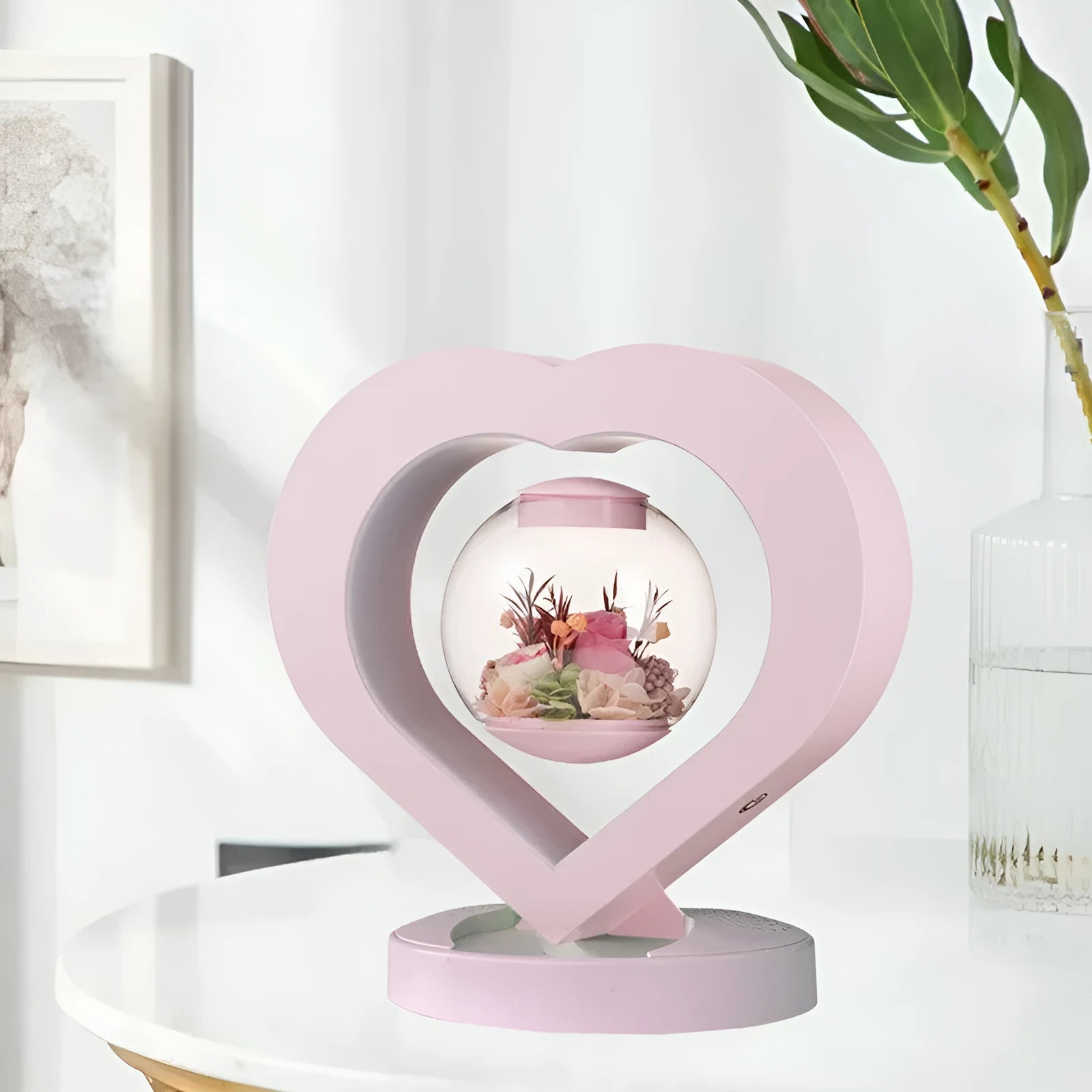 Pink preserved rose ornament with optional base and bluetooth feature for birthday and Valentine's gifts
