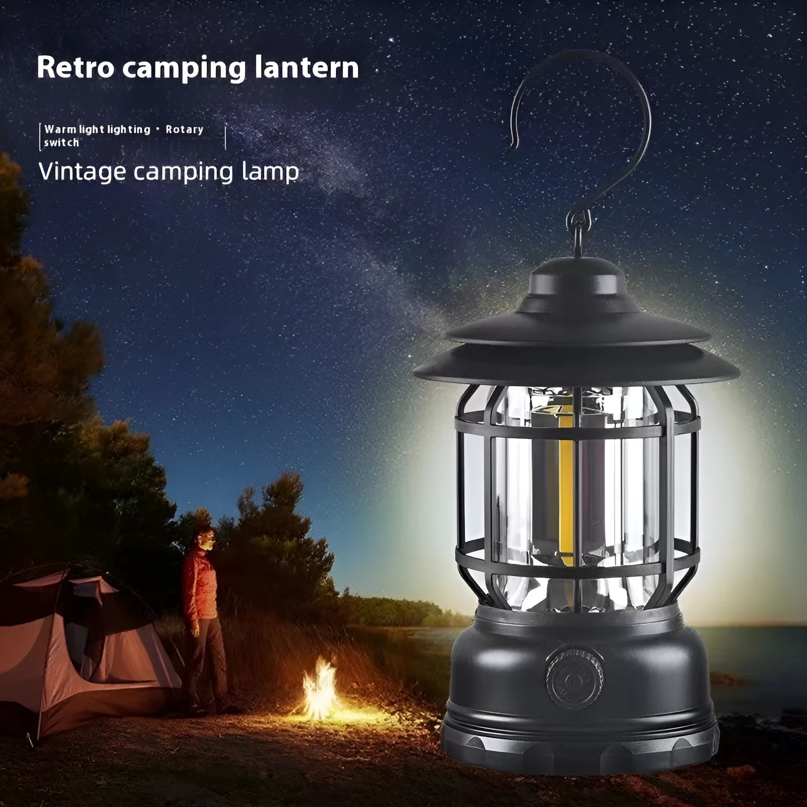 Portable camping head lamp in black, shown with adjustable strap and bright LED light.