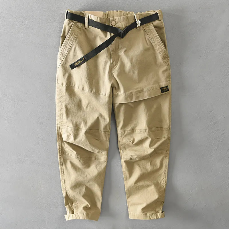 Men's khaki Japanese-style elastic overalls with loose fit and mid waist