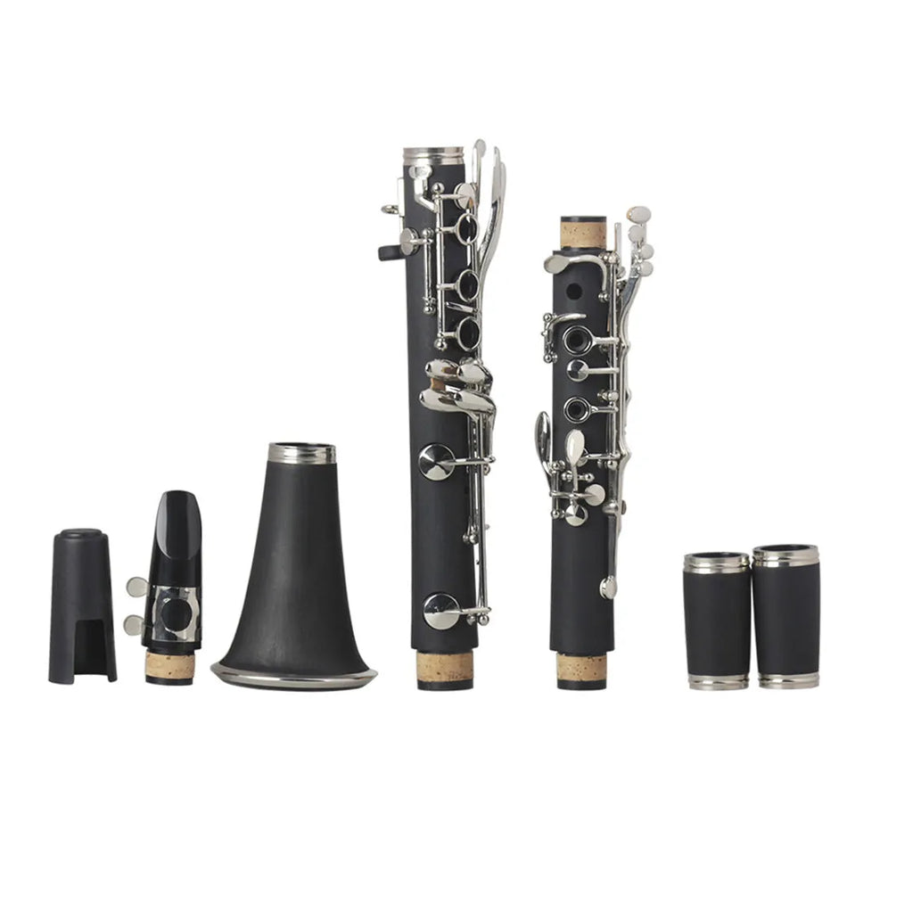 Black bakelite beginner clarinet with 17 nickel-plated keys and protective storage bag