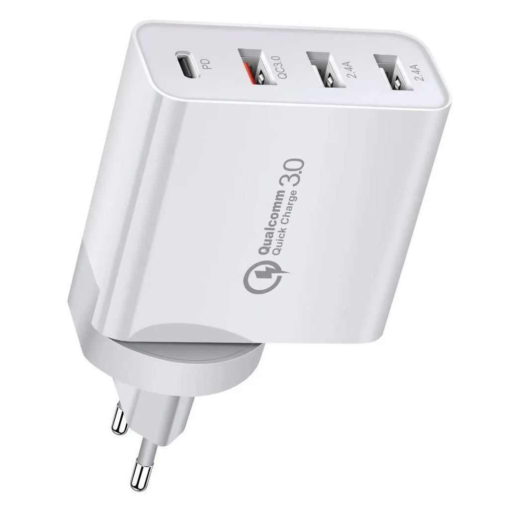 White multi-port USB fast wall charger with PD and QC support on a table.