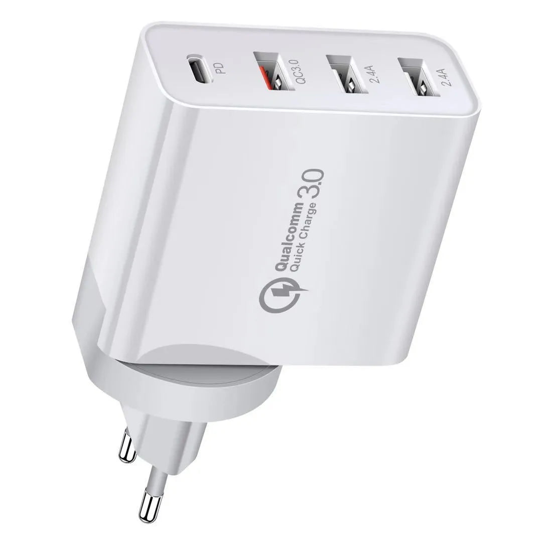 White multi-port USB fast wall charger with PD and QC support on a table.