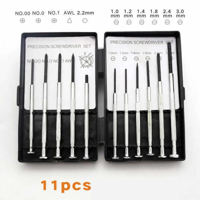TH-6177 11-piece clock screwdriver set with cross and slotted heads on blue background