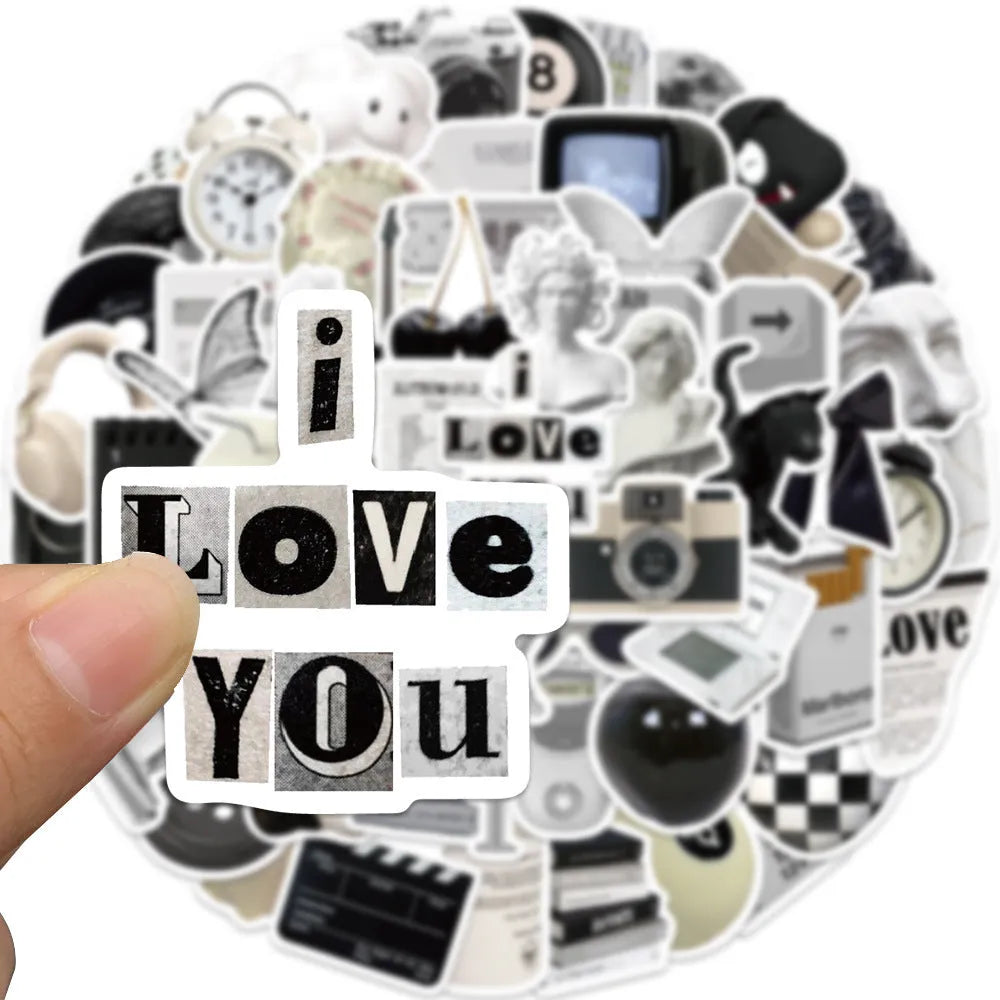 61 black and white PVC waterproof stickers for laptops, phones, and luggage customisation