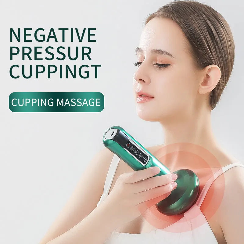 Green electric vacuum cupping massager device with USB charger on a white background.