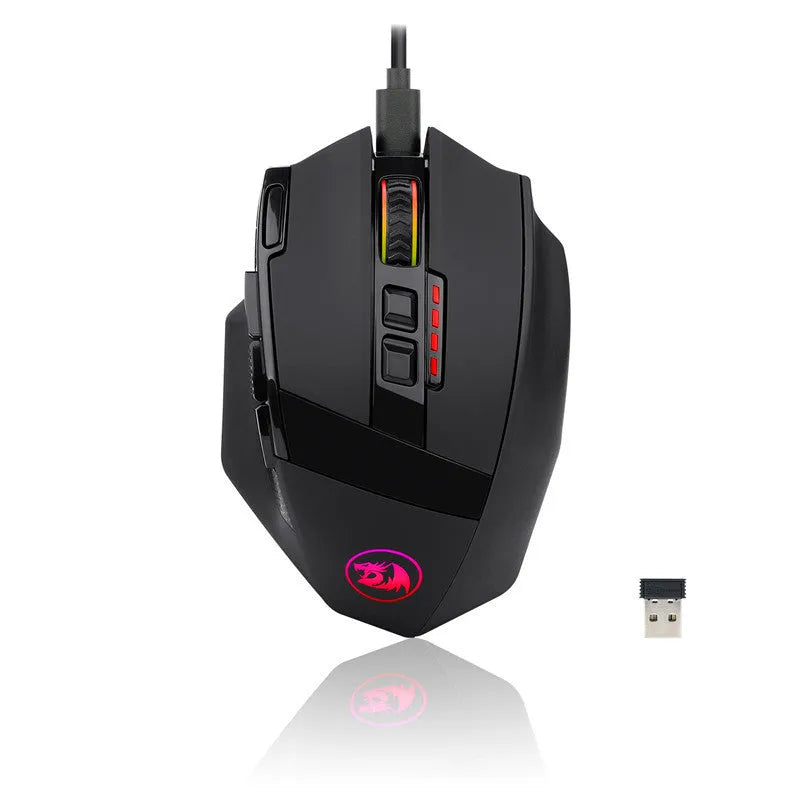 Black Redragon M801P wireless dual-mode gaming mouse with multiple side buttons on a grey surface.