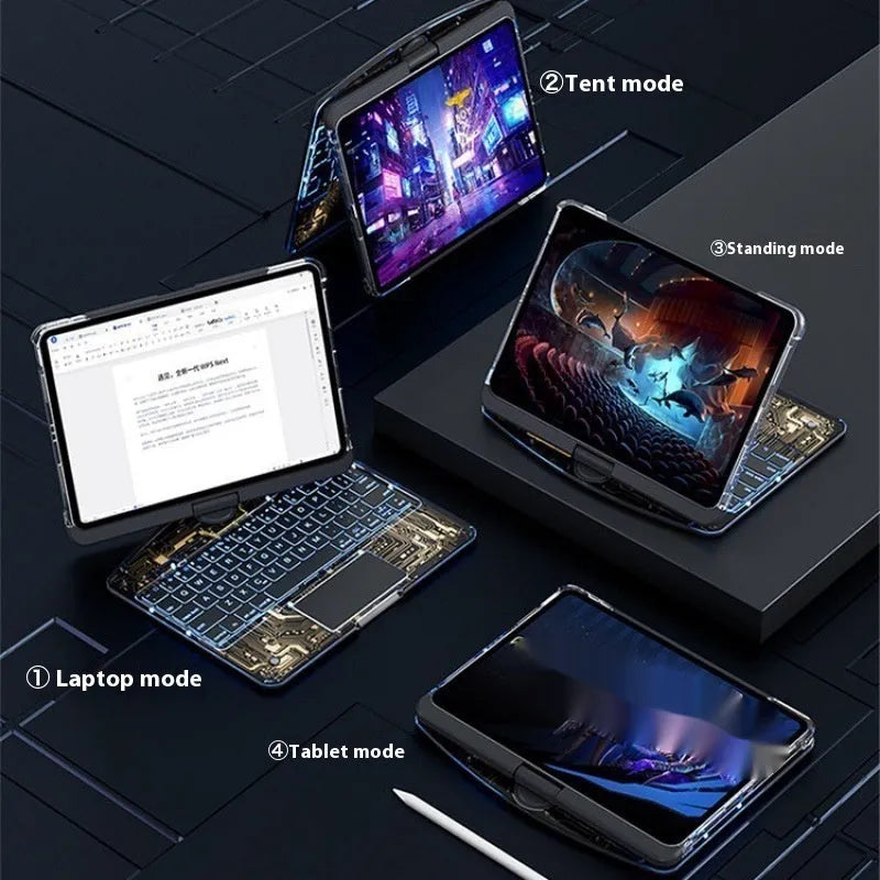 Transparent rotating keyboard protective case for Apple iPad Air tablet showing detachable wireless keyboard.