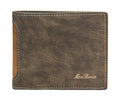 New men's PU leather tri-fold wallet in horizontal square shape with splicing detail, shown in black