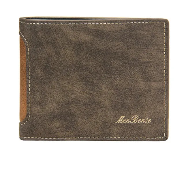 New men's PU leather tri-fold wallet in horizontal square shape with splicing detail, shown in black