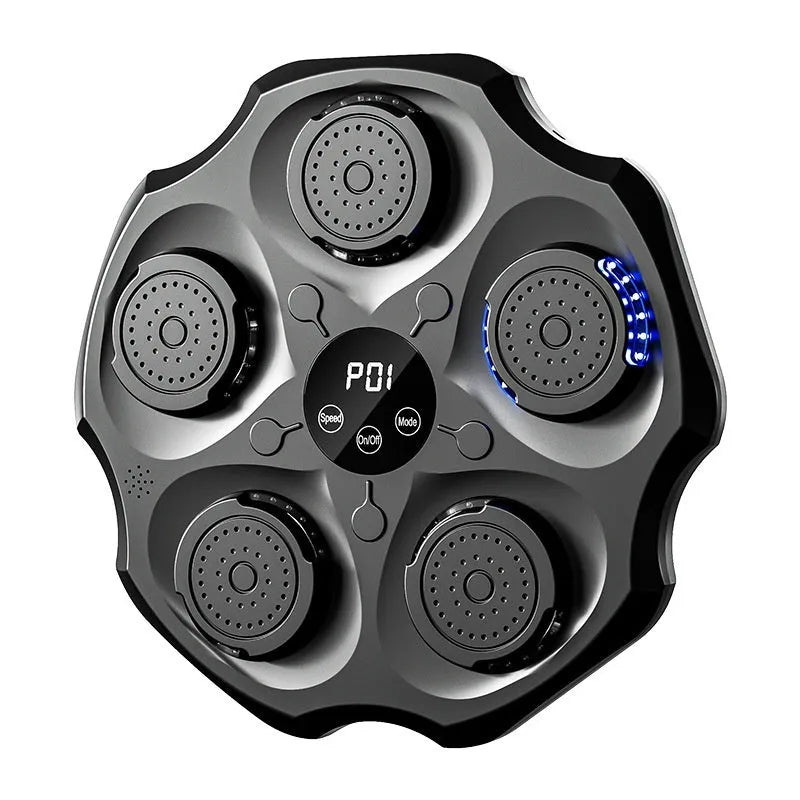 Black hanging-style boxing wall target with Bluetooth music control for home fitness.
