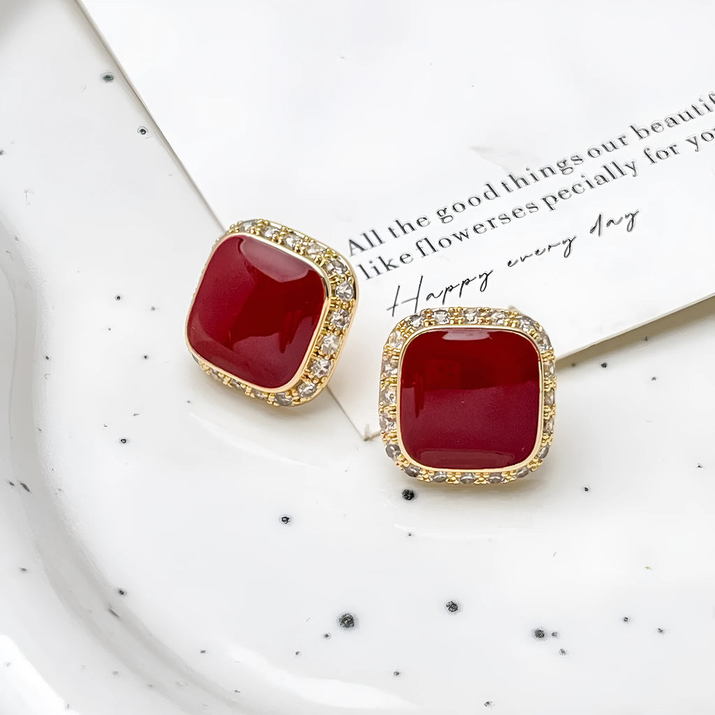 Red alloy plate earrings with inlaid square geometric design for women