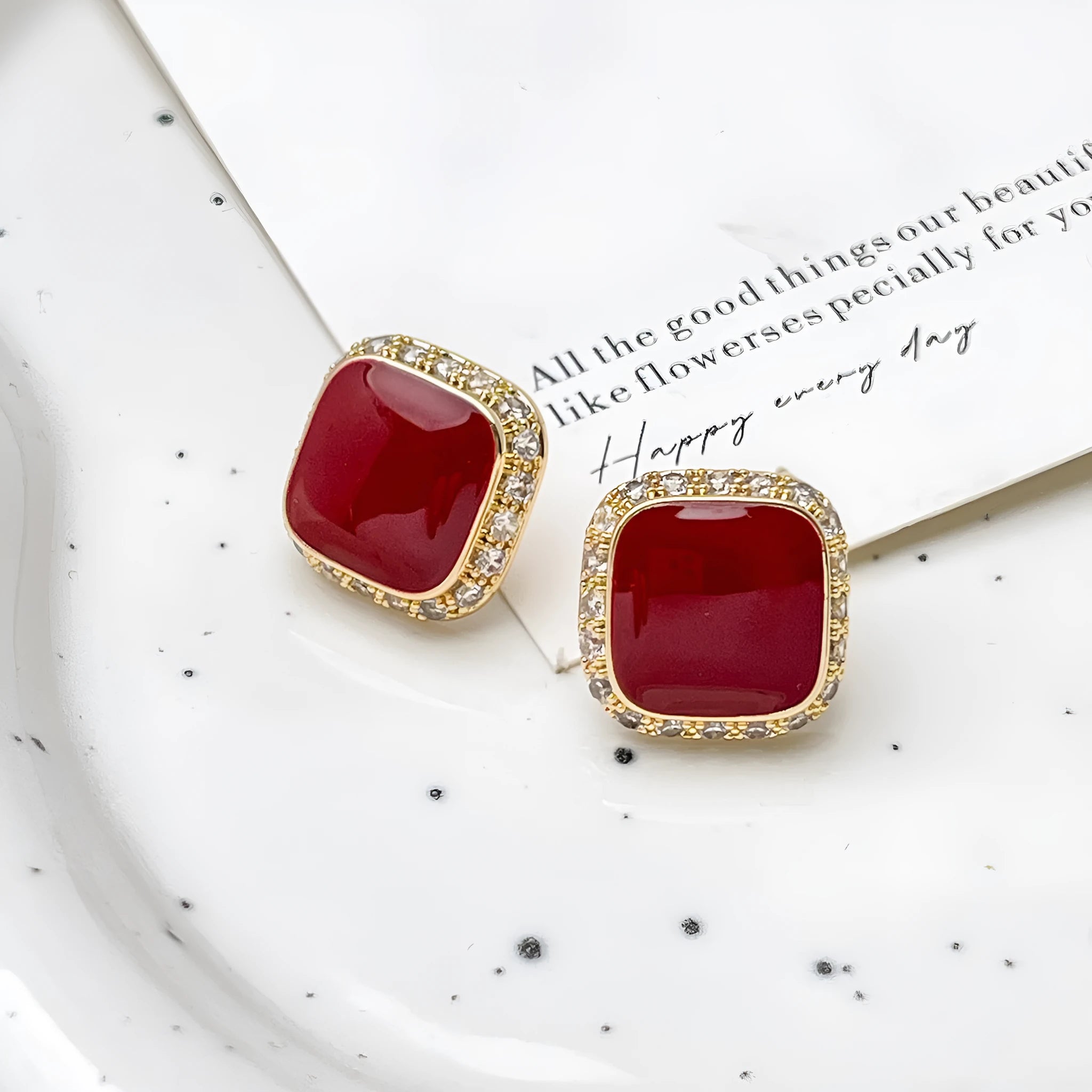 Red alloy plate earrings with inlaid square geometric design for women