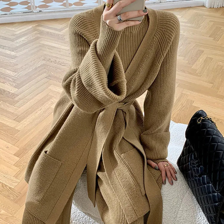 Women's knitted three-piece set showing wide-leg pants, top, and sweater cardigan in urban style