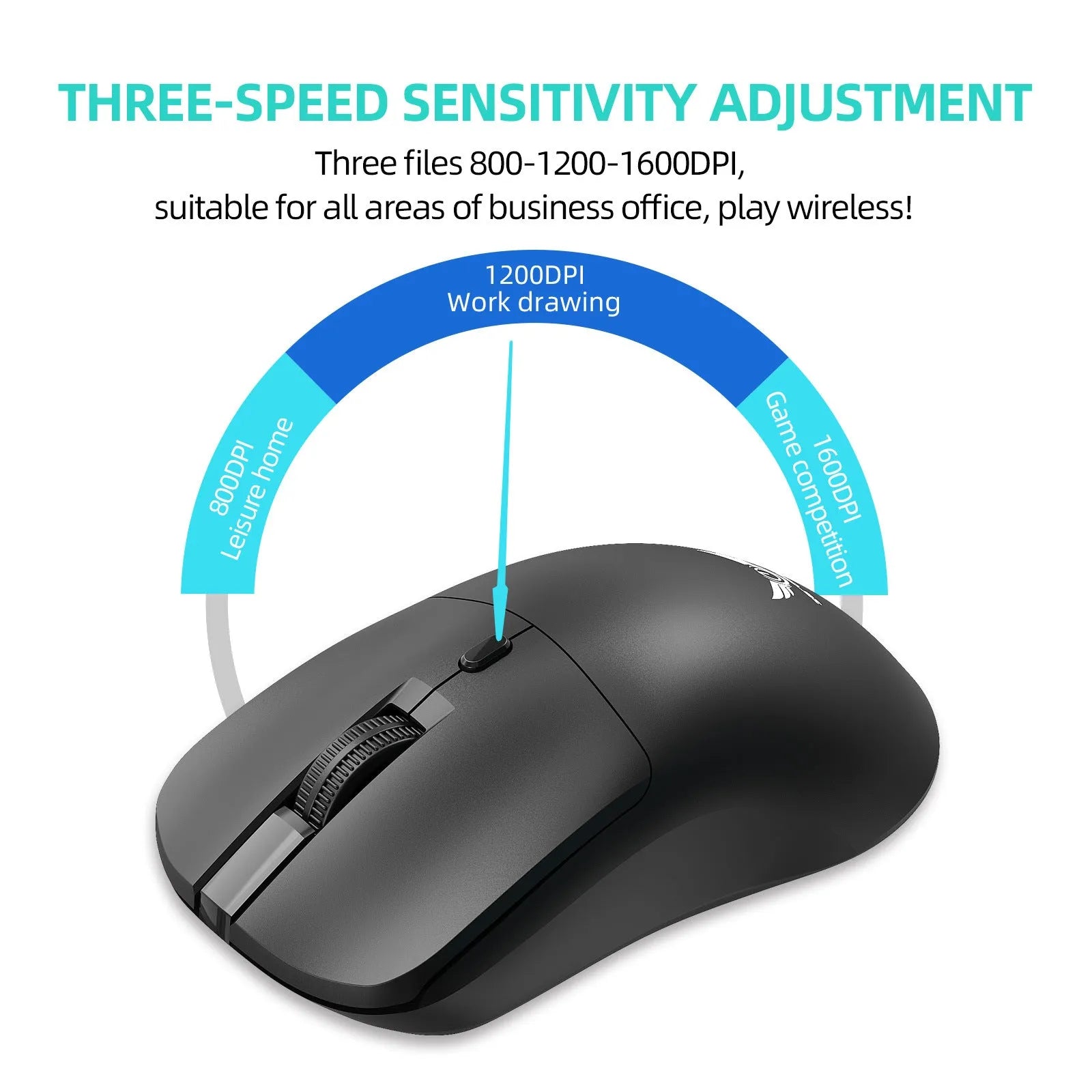 Black wireless computer mouse with DPI adjustment and audio control button for laptop use