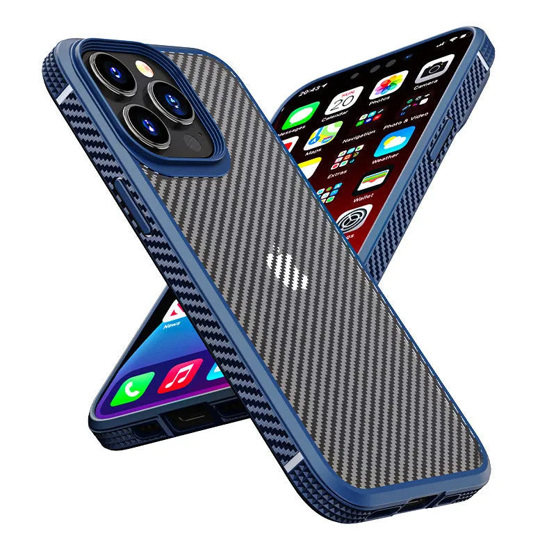 Black and blue anti-fall protective cases for iPhone 13 series with carbon fibre pattern