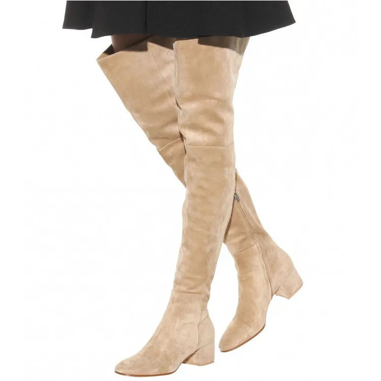 Grey suede women's over-the-knee flat boots with pointed toe and 1-3cm low thick heel