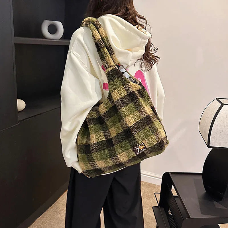 Women's plaid plush shoulder tote bag in horizontal square shape with crossbody strap